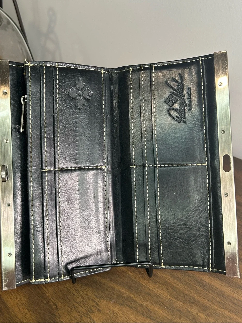 Patricia Nash Cauchy Black Tooled Floral Filigree Leather Frame Wallet RFID
